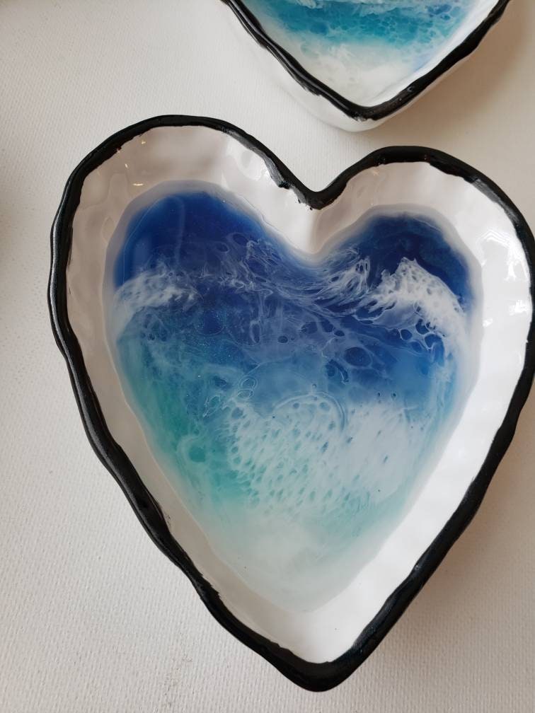Ring dish, resin ocean heart shaped ring trinket dish, jewelry tray resin, Valentine's Day gift