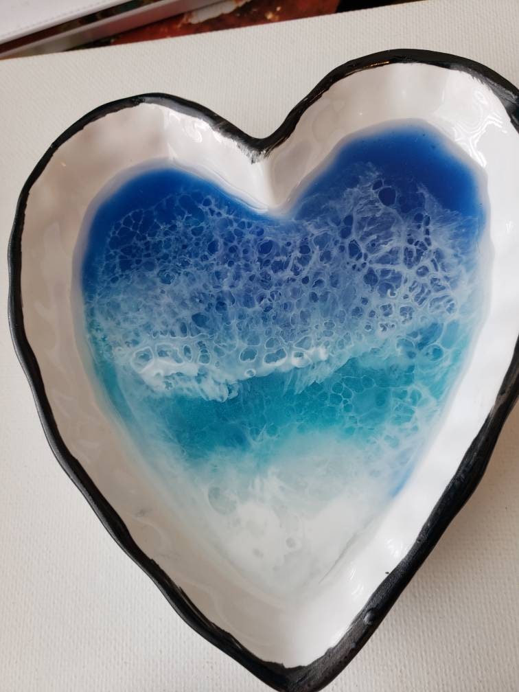 Ring dish, resin ocean heart shaped ring trinket dish, jewelry tray resin, Valentine's Day gift
