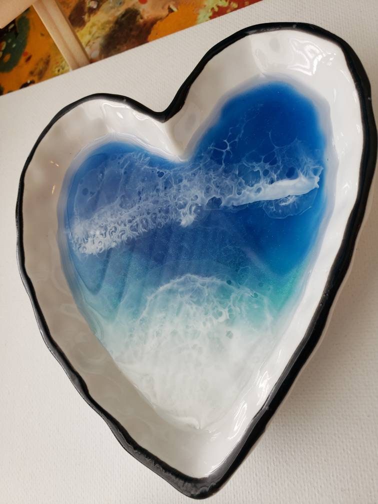 Ring dish, resin ocean heart shaped ring trinket dish, jewelry tray resin, Valentine's Day gift