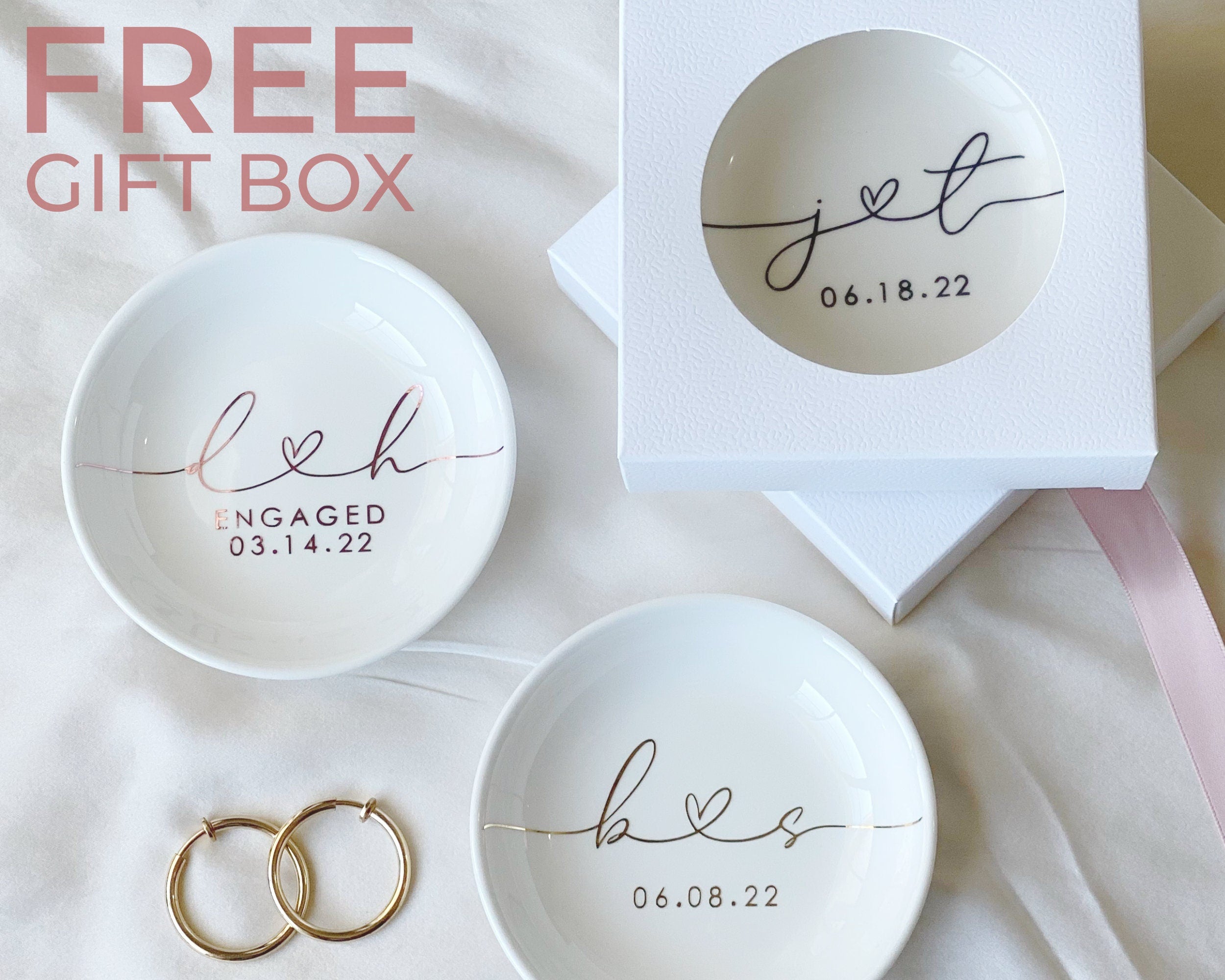Personalized Engagement Ring Dish, Initials Heart Date Ring Dish, Gift For Bride and Groom, Wedding Gift, Bridal Shower, Anniversary Gift,