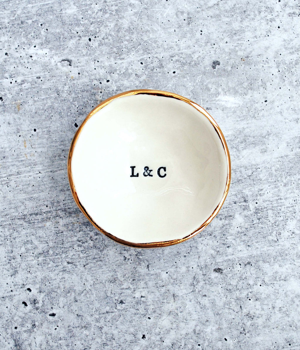 Initial Gold Ring Dish, Gold Luster Edge, Porcelain Jewelry Dish, Engagement Gift, Ceramic Ring Bowl, Custom Initials- Lauren Sumner Pottery
