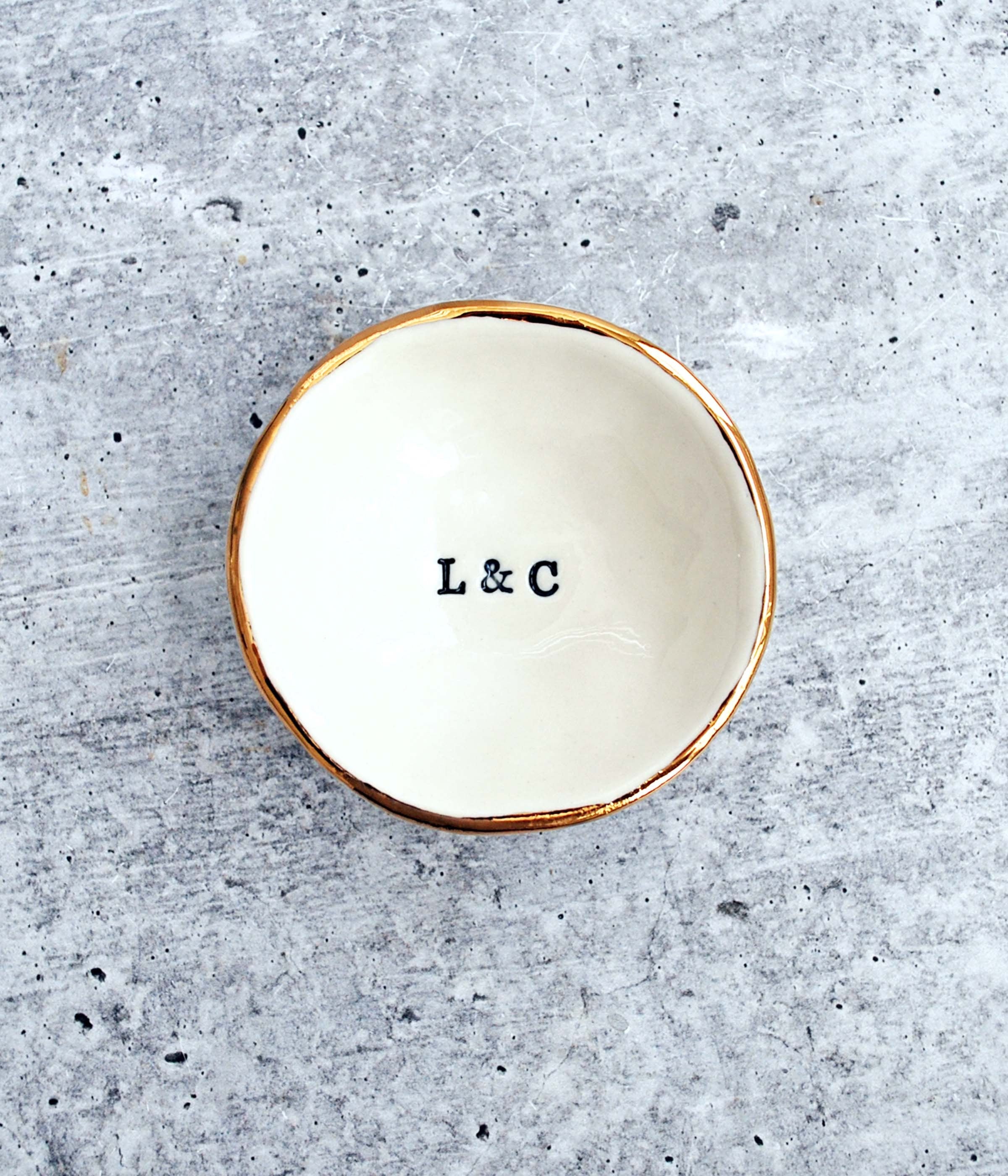 Initial Gold Ring Dish, Gold Luster Edge, Porcelain Jewelry Dish, Engagement Gift, Ceramic Ring Bowl, Custom Initials- Lauren Sumner Pottery