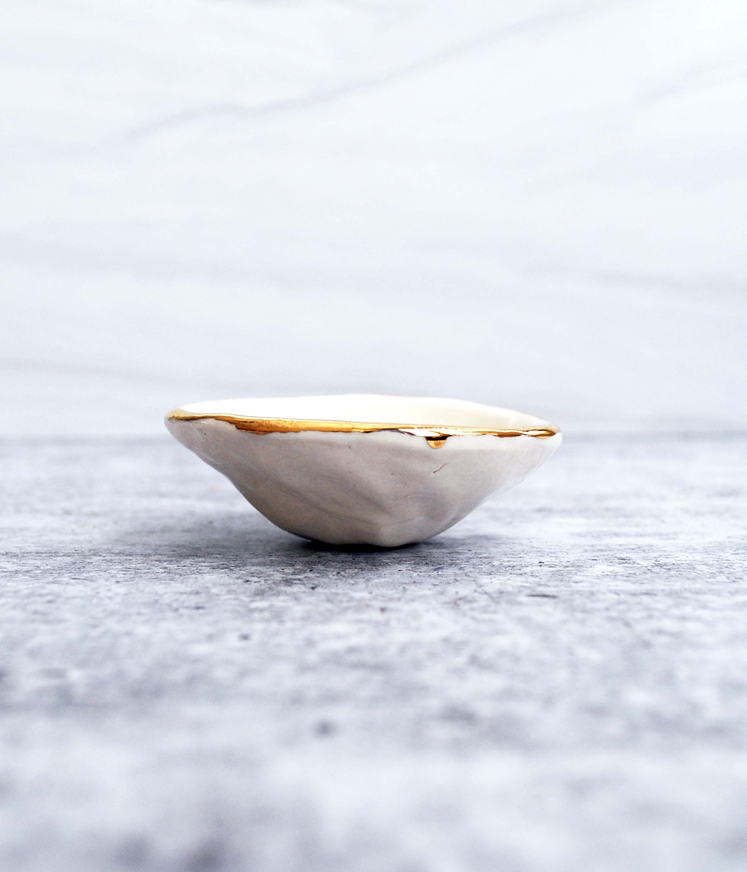 Initial Gold Ring Dish, Gold Luster Edge, Porcelain Jewelry Dish, Engagement Gift, Ceramic Ring Bowl, Custom Initials- Lauren Sumner Pottery