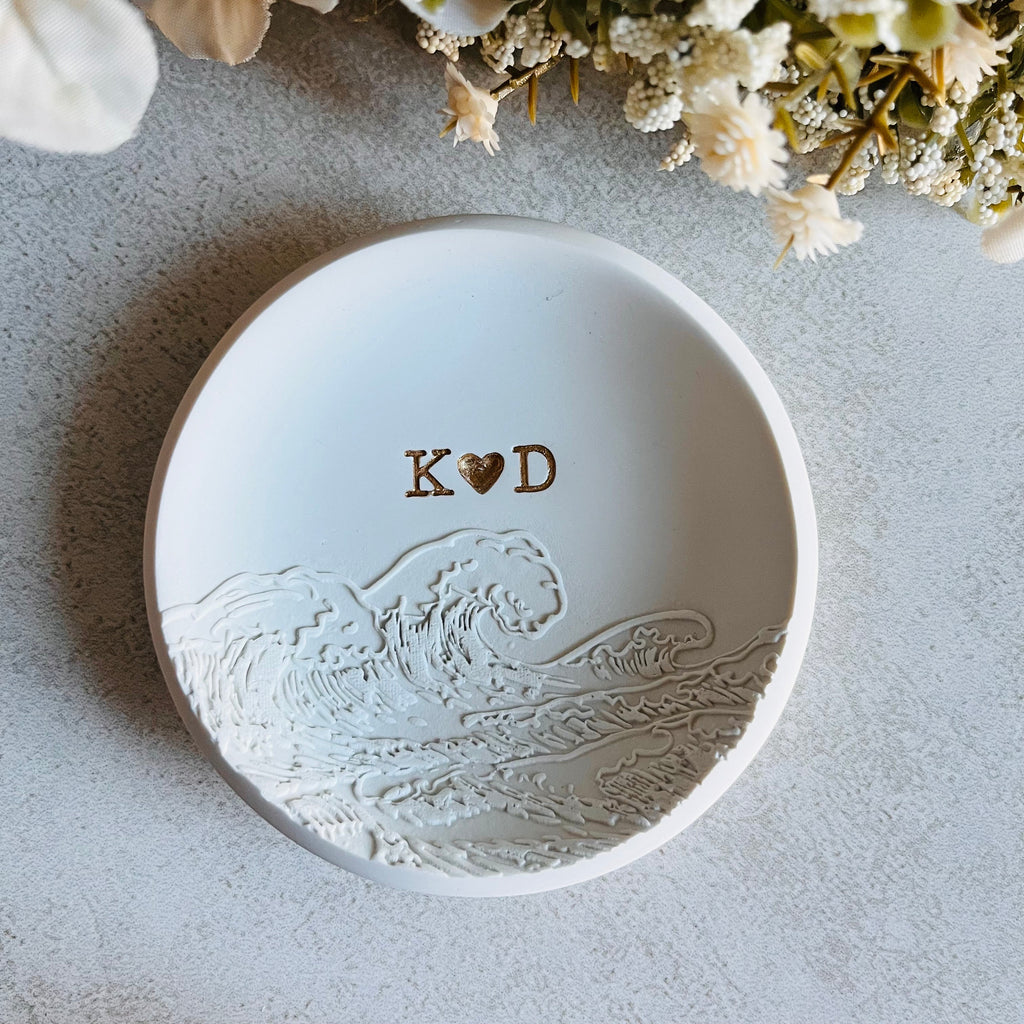 Ocean waves personalized ring dish, custom ring holder, embossed waves engagement gift, wedding gift, clay ring dish, initials, dates, names