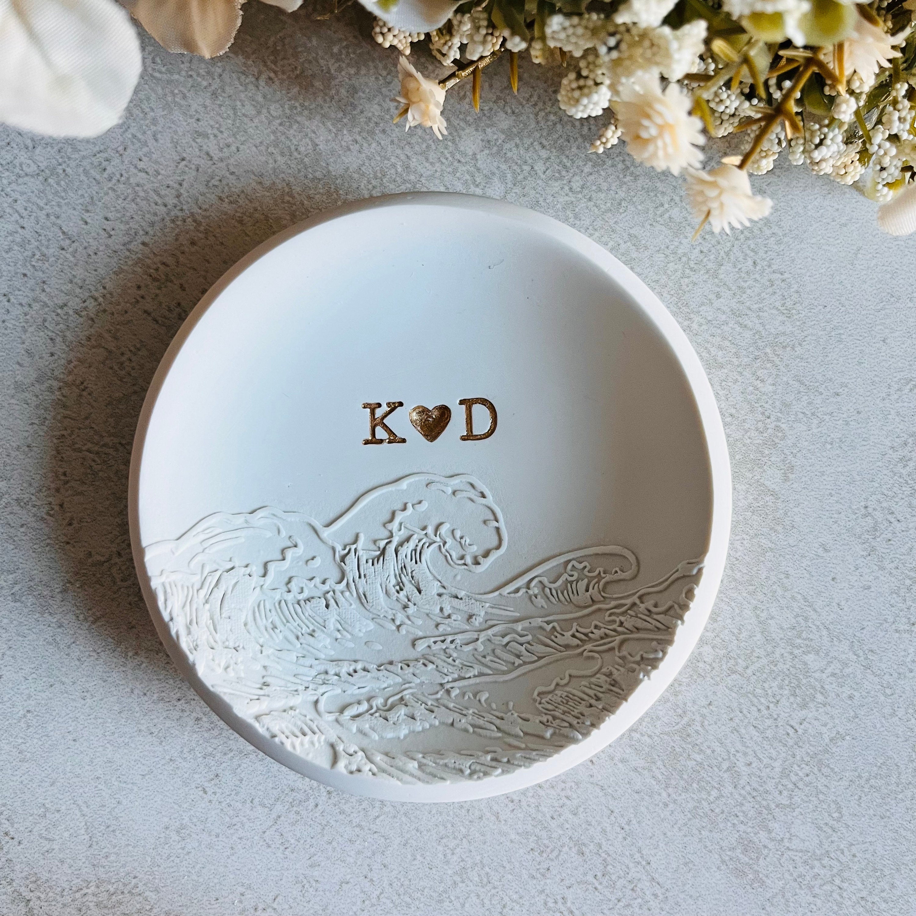 Ocean waves personalized ring dish, custom ring holder, embossed waves engagement gift, wedding gift, clay ring dish, initials, dates, names