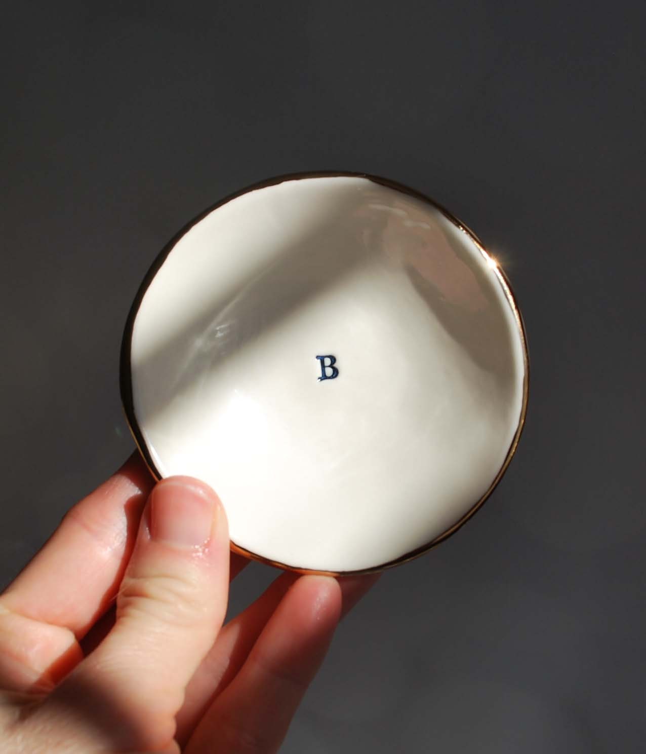 Initial Gold Ring Dish, Gold Luster Edge, Porcelain Jewelry Dish, Engagement Gift, Ceramic Ring Bowl, Custom Initials- Lauren Sumner Pottery