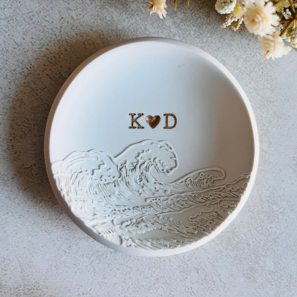 Ocean waves personalized ring dish, custom ring holder, embossed waves engagement gift, wedding gift, clay ring dish, initials, dates, names