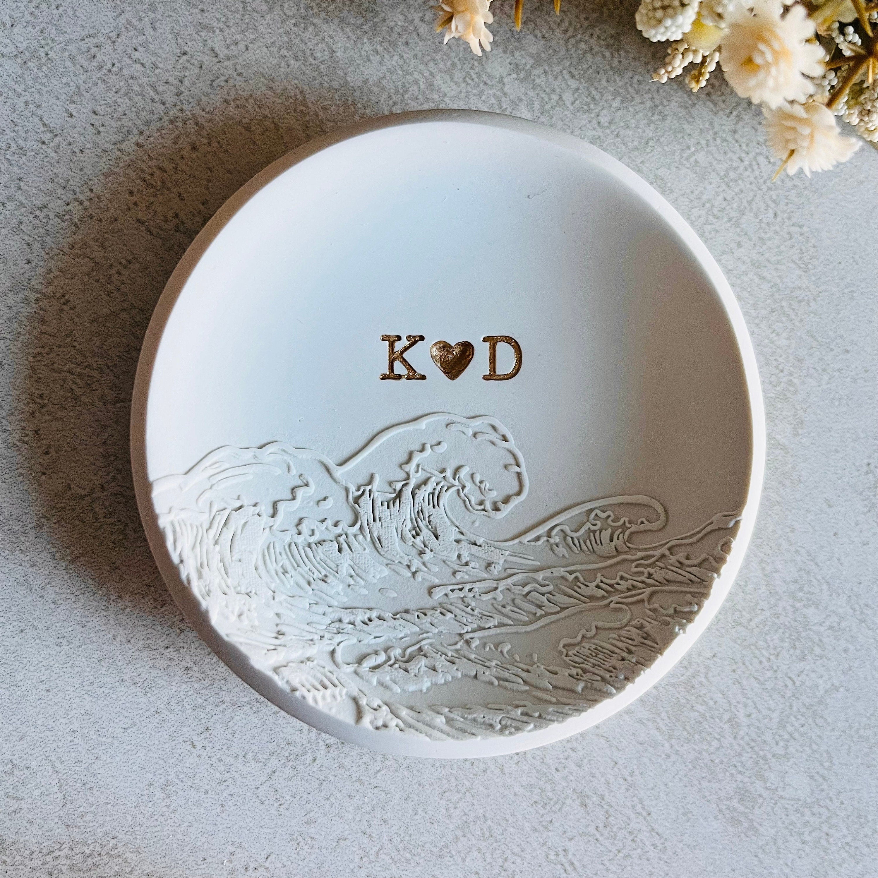 Ocean waves personalized ring dish, custom ring holder, embossed waves engagement gift, wedding gift, clay ring dish, initials, dates, names
