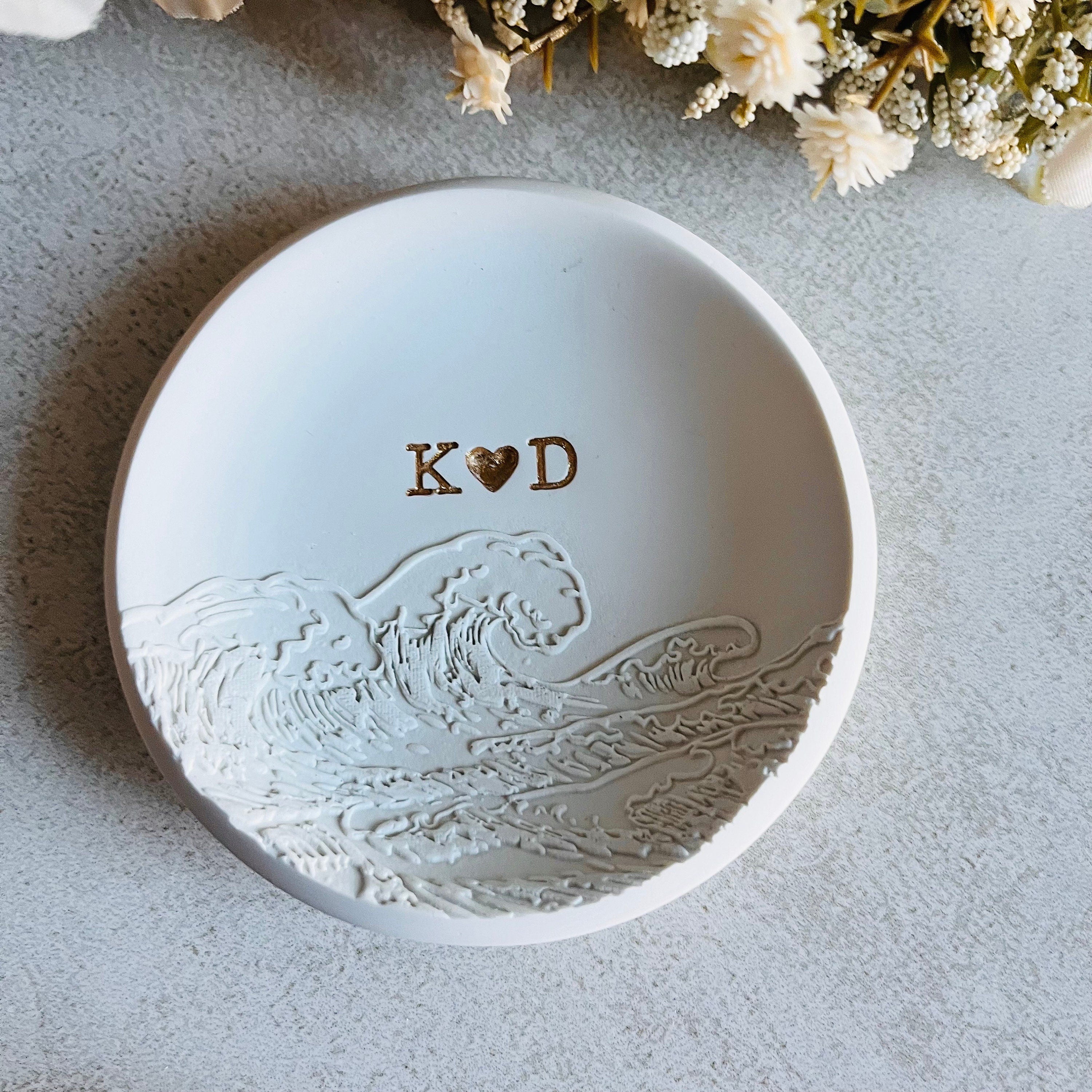 Ocean waves personalized ring dish, custom ring holder, embossed waves engagement gift, wedding gift, clay ring dish, initials, dates, names