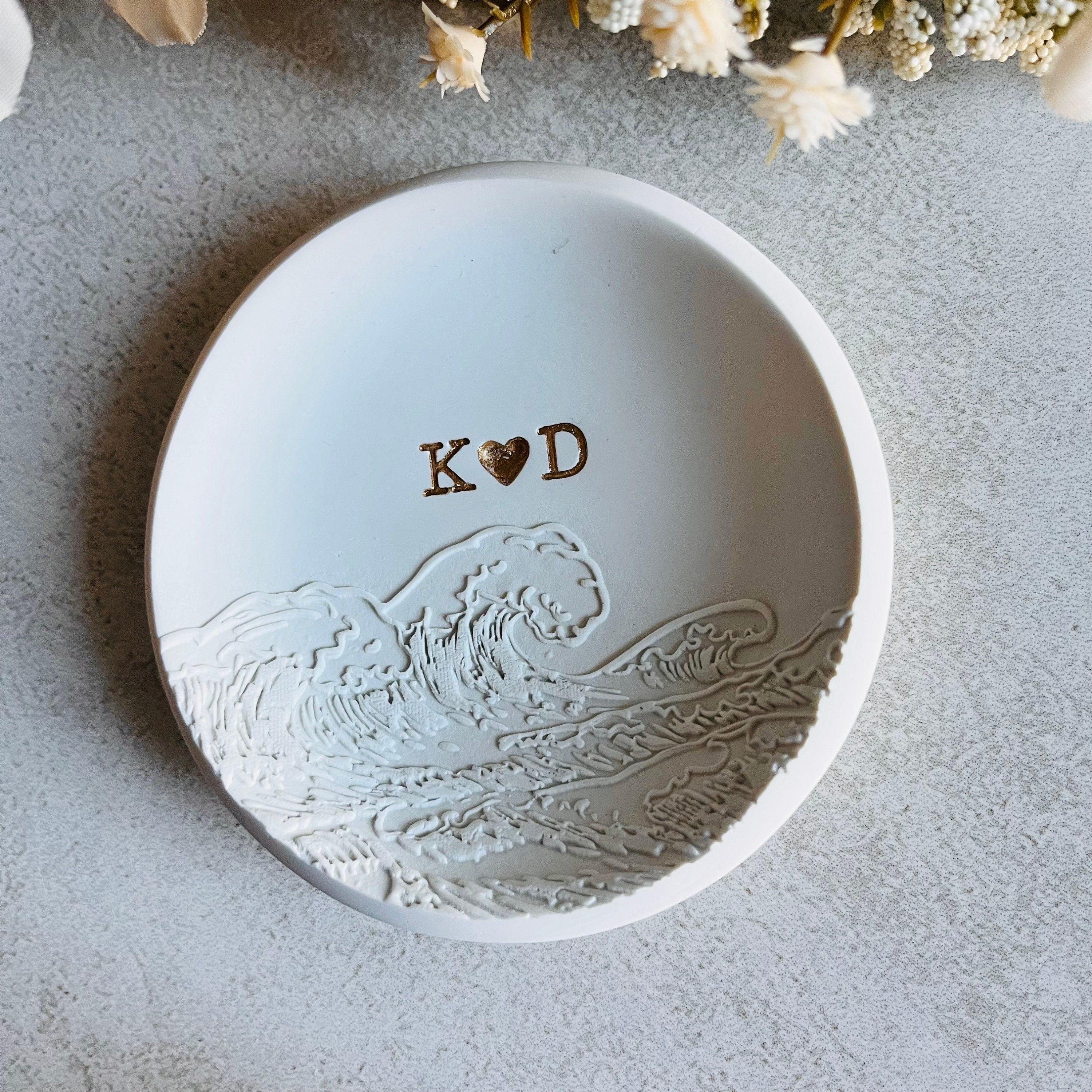 Ocean waves personalized ring dish, custom ring holder, embossed waves engagement gift, wedding gift, clay ring dish, initials, dates, names