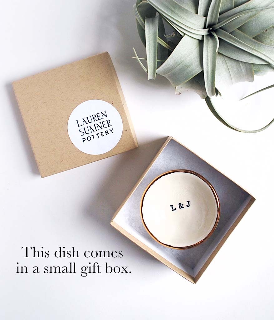 Initial Gold Ring Dish, Gold Luster Edge, Porcelain Jewelry Dish, Engagement Gift, Ceramic Ring Bowl, Custom Initials- Lauren Sumner Pottery