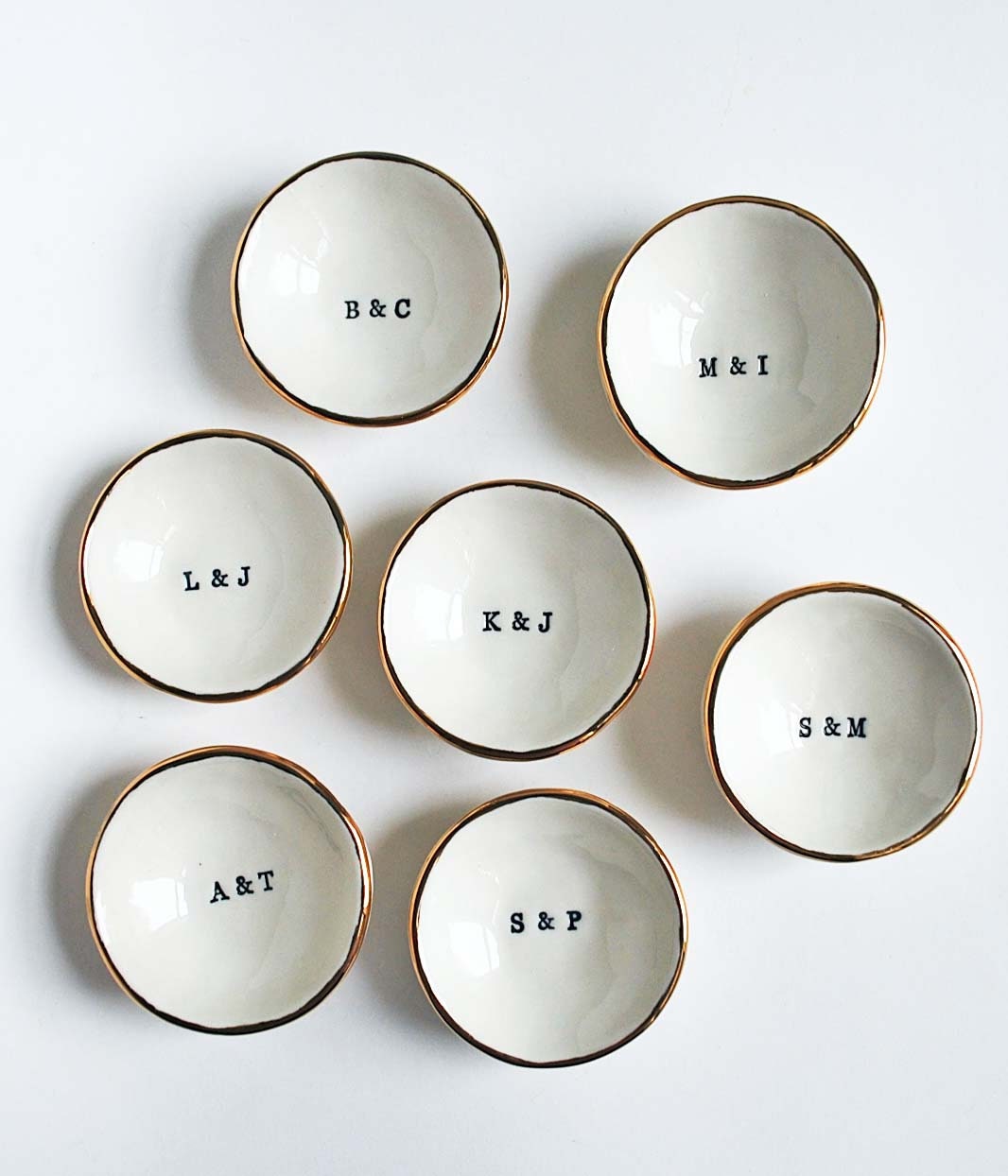 Initial Gold Ring Dish, Gold Luster Edge, Porcelain Jewelry Dish, Engagement Gift, Ceramic Ring Bowl, Custom Initials- Lauren Sumner Pottery