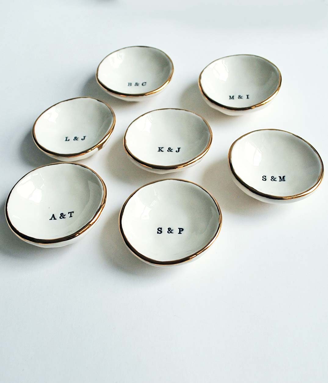 Initial Gold Ring Dish, Gold Luster Edge, Porcelain Jewelry Dish, Engagement Gift, Ceramic Ring Bowl, Custom Initials- Lauren Sumner Pottery