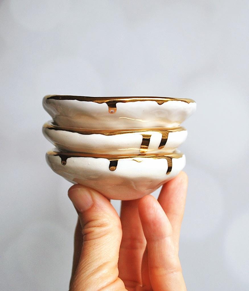 Initial Gold Ring Dish, Gold Luster Edge, Porcelain Jewelry Dish, Engagement Gift, Ceramic Ring Bowl, Custom Initials- Lauren Sumner Pottery