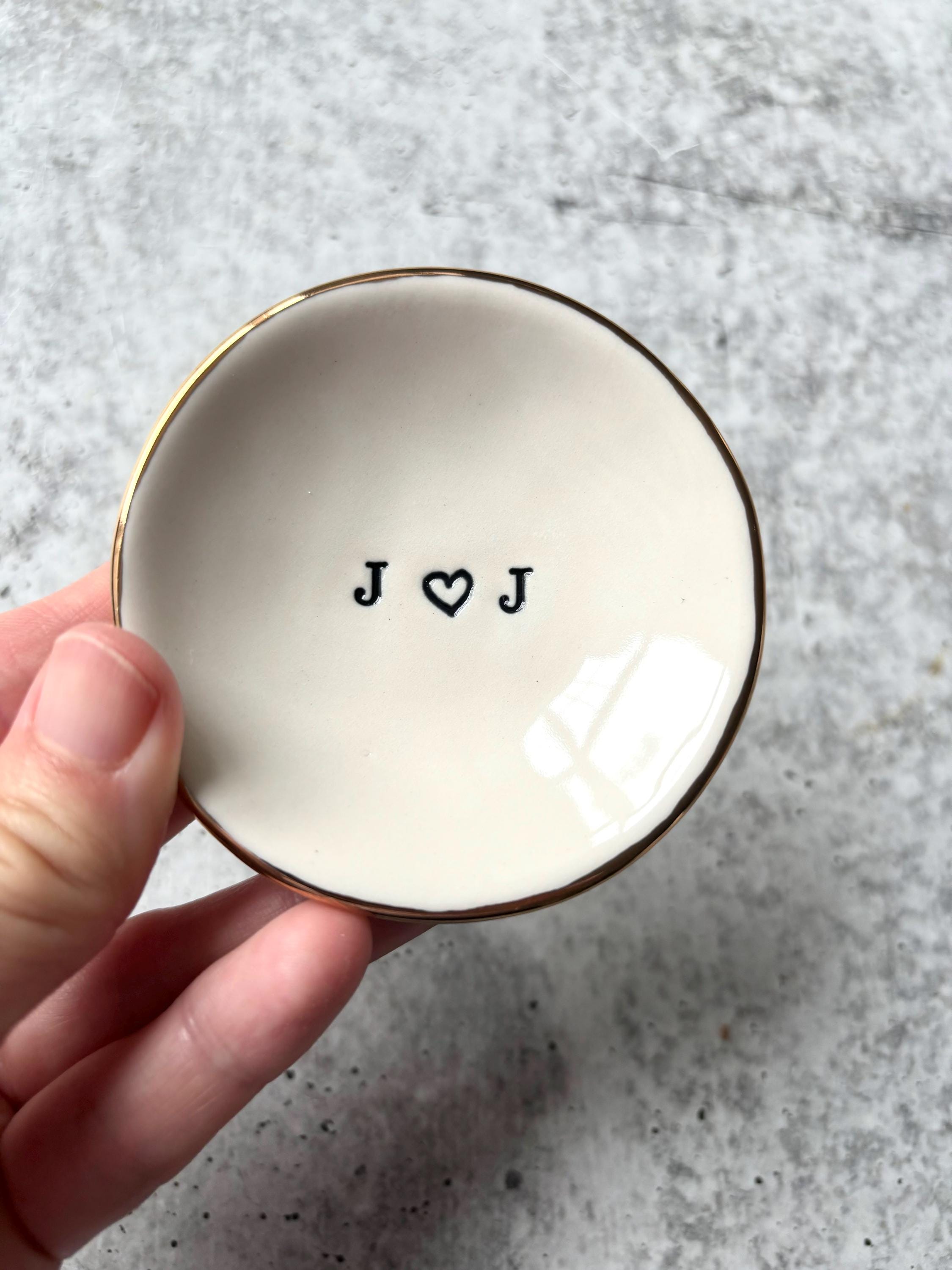Initial Gold Ring Dish, Gold Luster Edge, Porcelain Jewelry Dish, Engagement Gift, Ceramic Ring Bowl, Custom Initials- Lauren Sumner Pottery