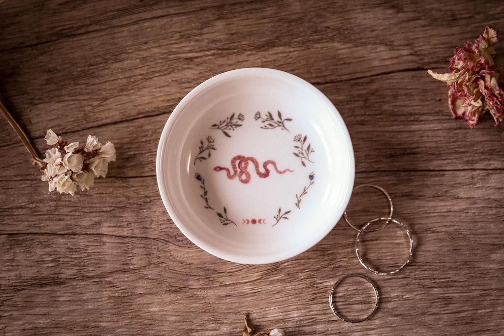 Floral Snake And Moon Phases Ceramic Ring Dish