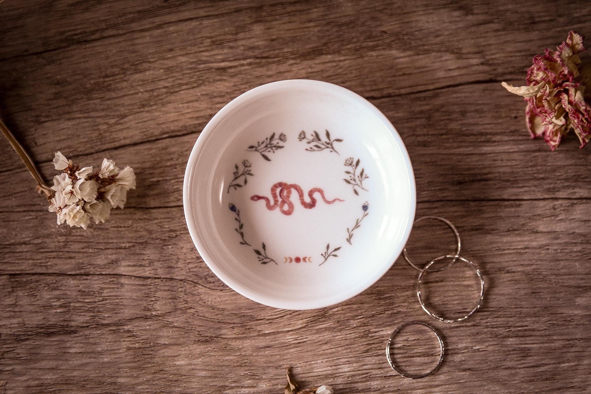 Floral Snake And Moon Phases Ceramic Ring Dish