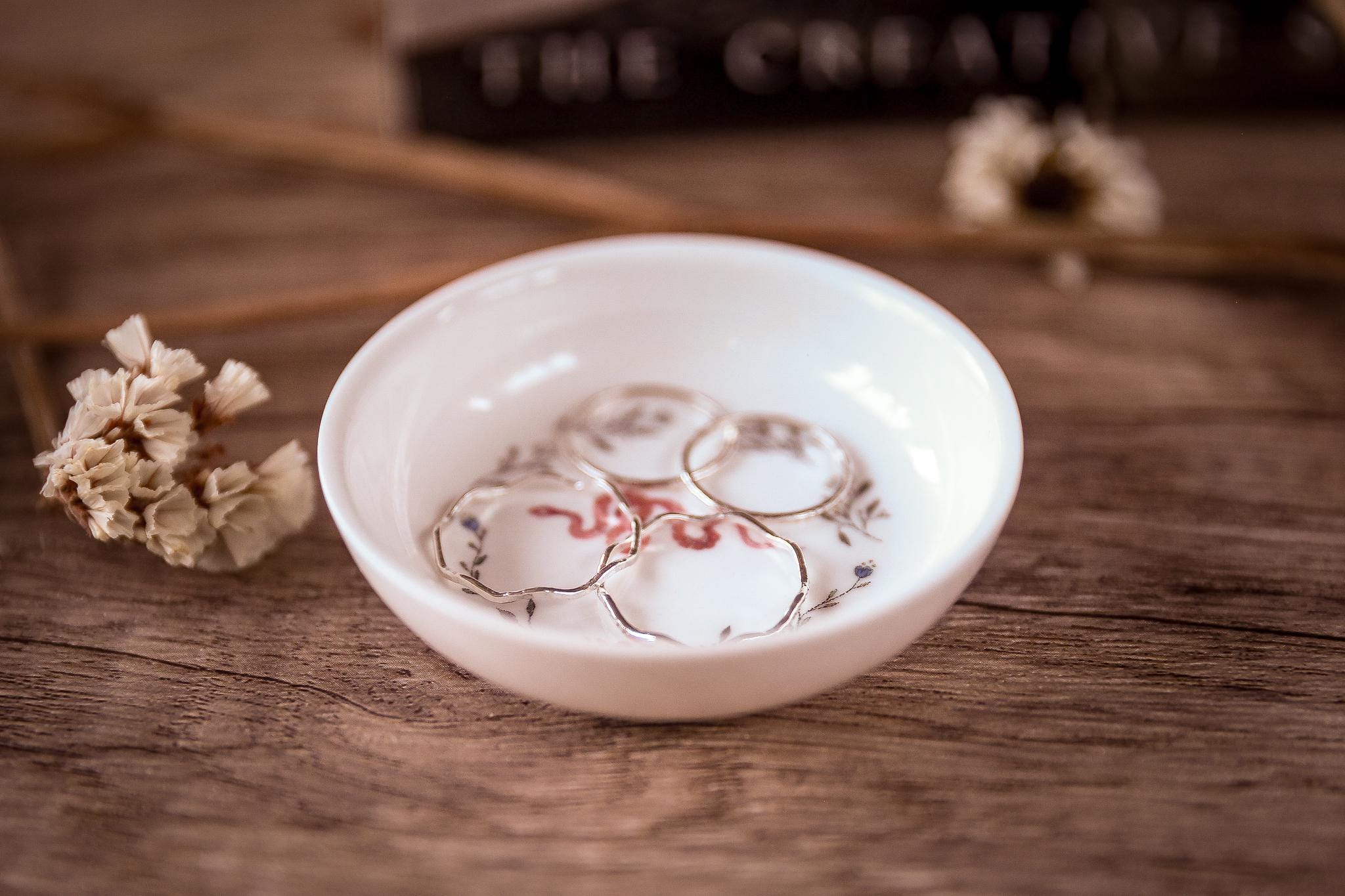 Floral Snake And Moon Phases Ceramic Ring Dish