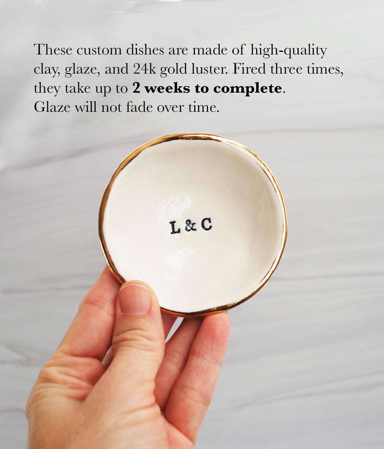 Initial Gold Ring Dish, Gold Luster Edge, Porcelain Jewelry Dish, Engagement Gift, Ceramic Ring Bowl, Custom Initials- Lauren Sumner Pottery