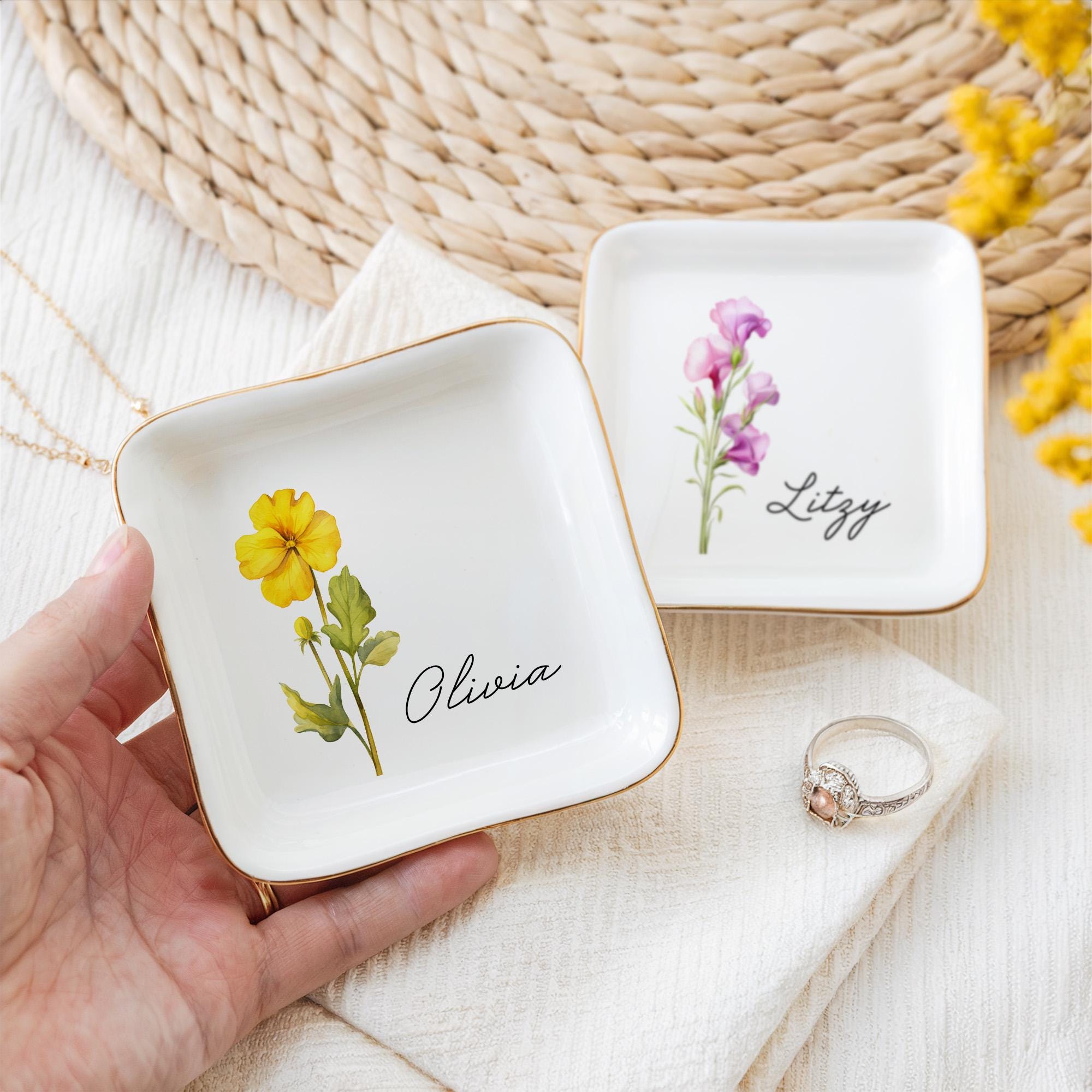 Personalized Birth Flower Trinket Dish