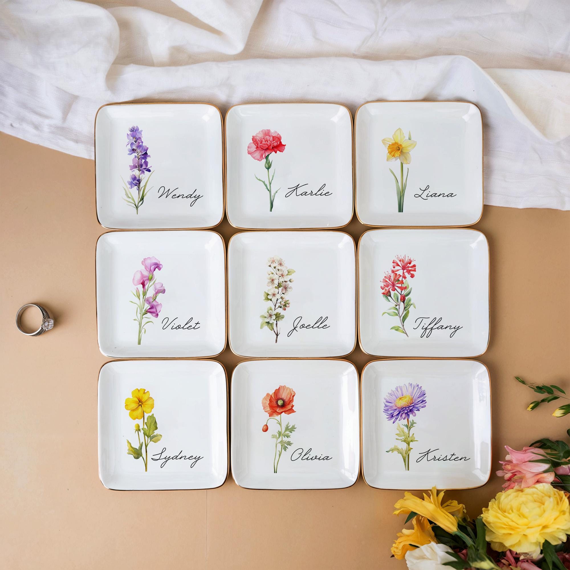 Personalized Birth Flower Trinket Dish