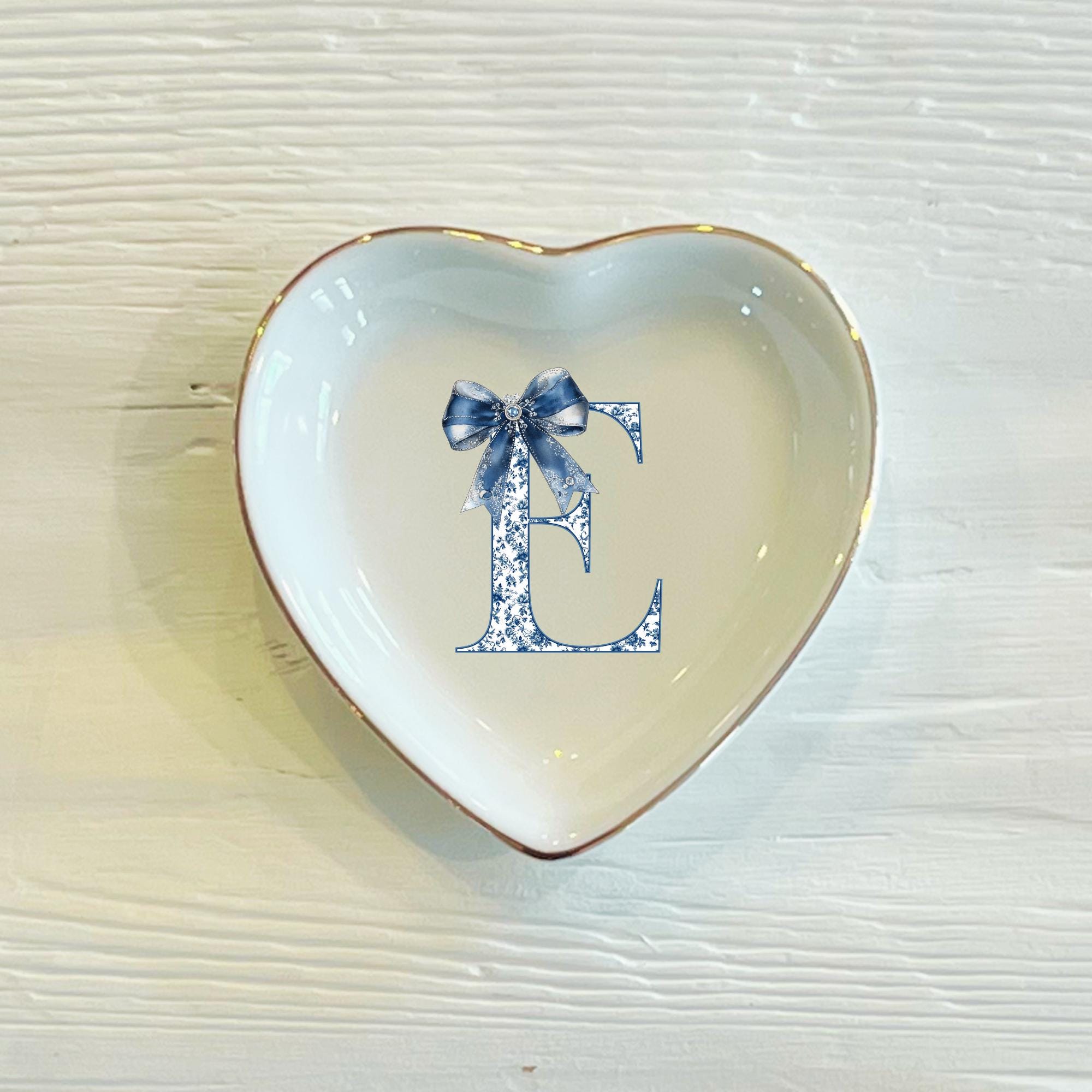 Personalized Blue Toile Initial Ring Trinket Dish | Blue Bow Toile Ring Dish | Girly Jewelry Dish | Gift for Her