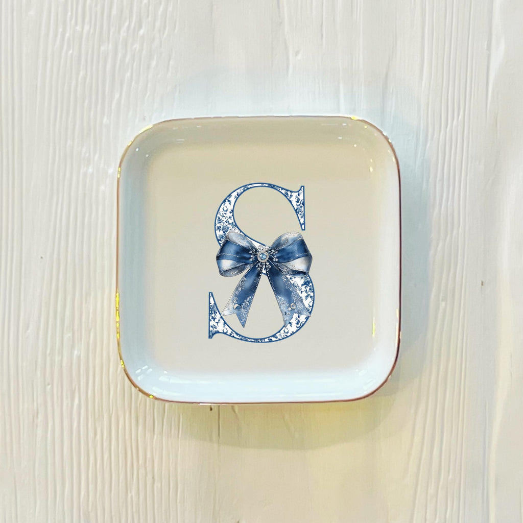 Personalized Blue Toile Initial Ring Trinket Dish | Blue Bow Toile Ring Dish | Girly Jewelry Dish | Gift for Her