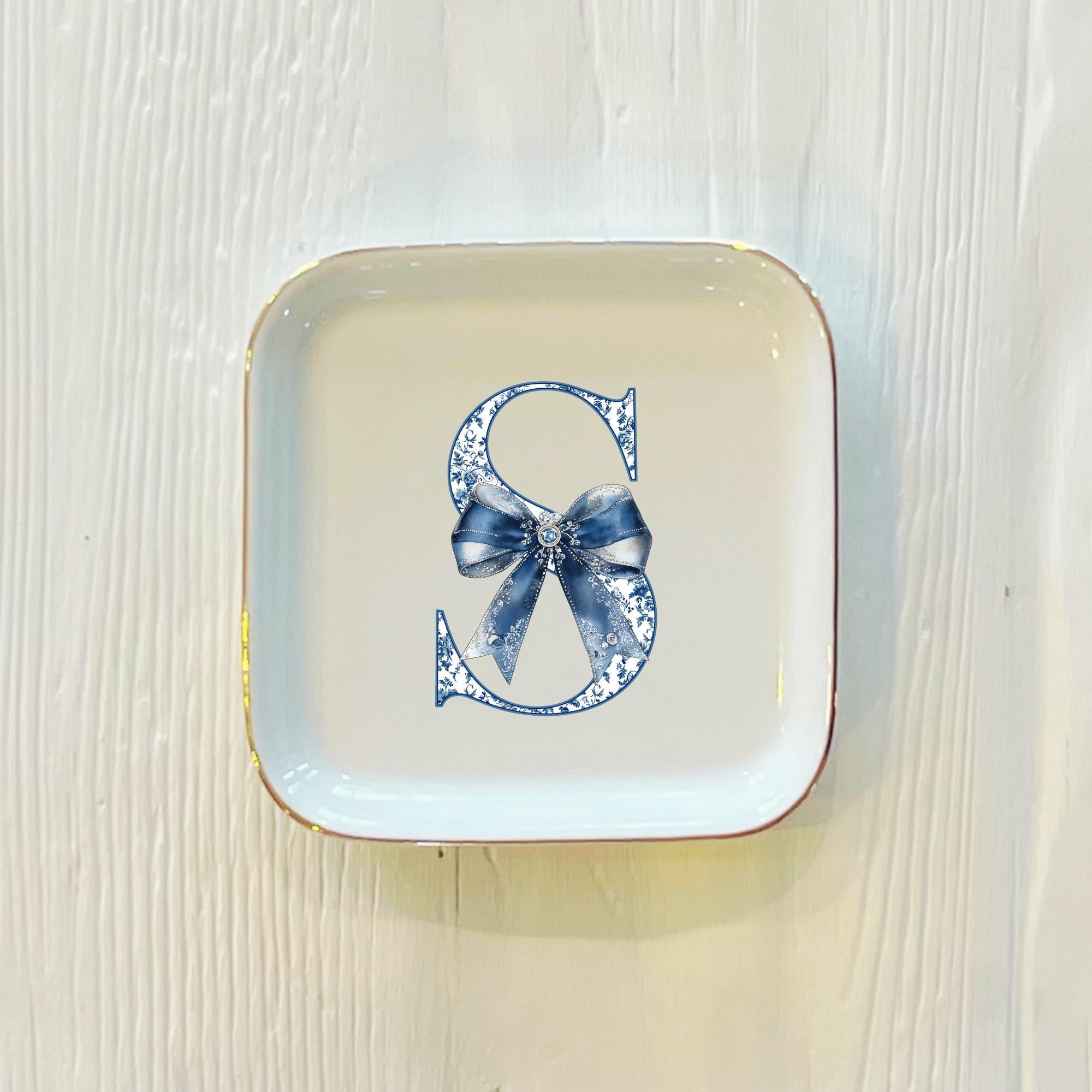 Personalized Blue Toile Initial Ring Trinket Dish | Blue Bow Toile Ring Dish | Girly Jewelry Dish | Gift for Her
