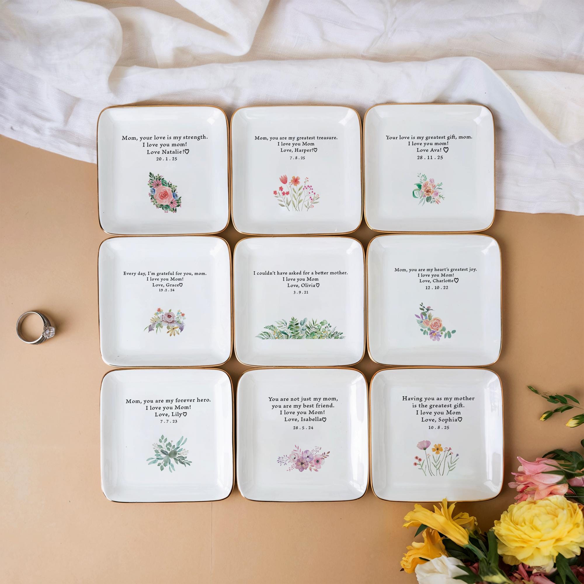 Custom Floral Mom Trinket Dish, Flower Ring Dish, Personalized Gift, Mother's Day Gift, Mother Daughter Gift, Mom Gift, Mother Birthday Gift