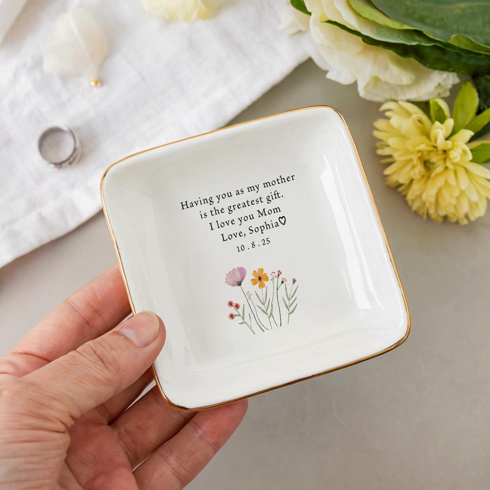 Custom Floral Mom Trinket Dish, Flower Ring Dish, Personalized Gift, Mother's Day Gift, Mother Daughter Gift, Mom Gift, Mother Birthday Gift