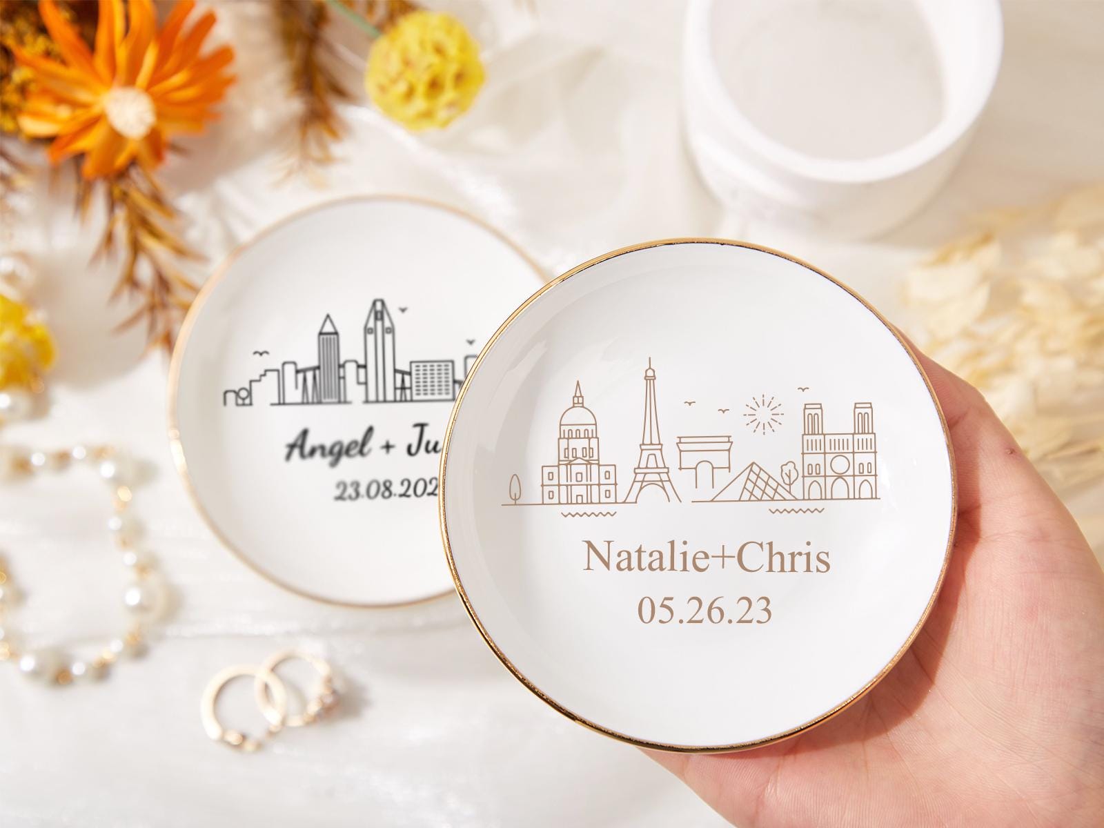 Personalized Skyline Ring Dish,Custom Wedding Jewelry Dish,Engagement Ring Holder,City Trinket Dish,Couple Gift For Her,1st Anniversary Gift