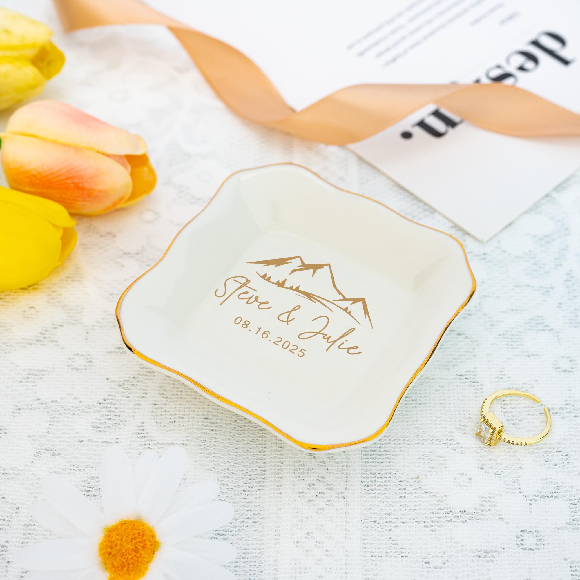 Personalized Wedding Jewelry Dish,Initial and Date Ring Holder,Engagement Trinket Dish,Bridal Shower Gift,Gift for Women,Anniversary Gift