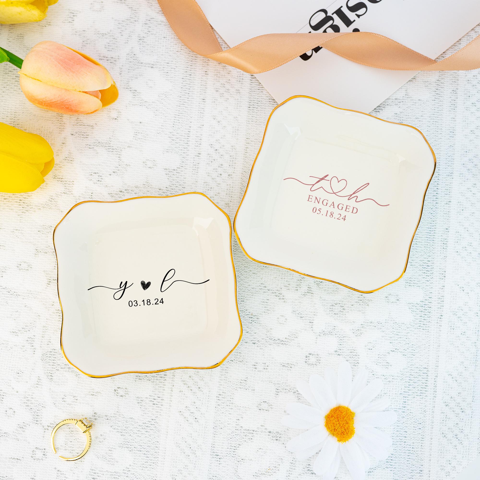 Personalized Wedding Jewelry Dish,Initial and Date Ring Holder,Engagement Trinket Dish,Bridal Shower Gift,Gift for Women,Anniversary Gift