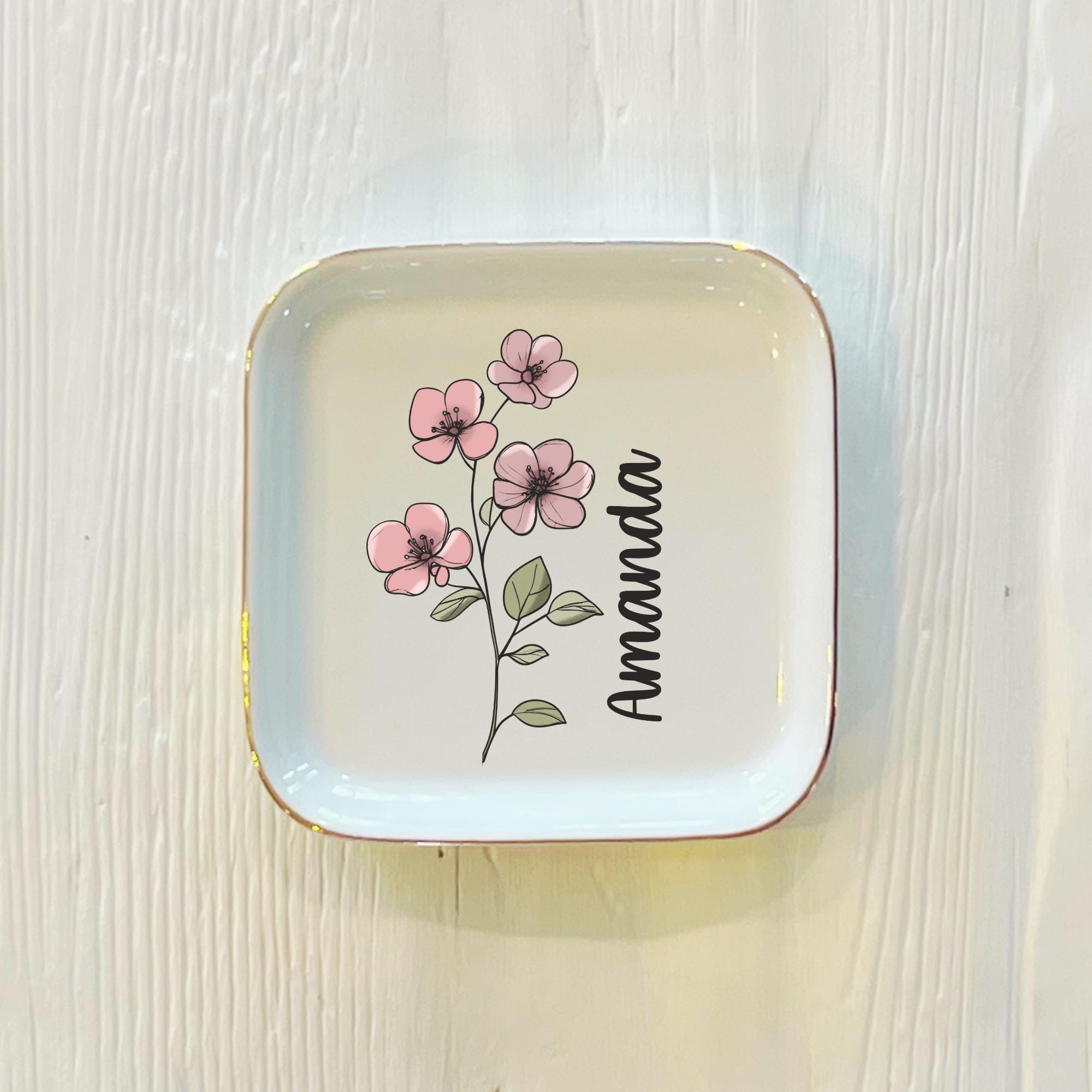 Personalized Boho Birth Flower Ring Trinket Dish