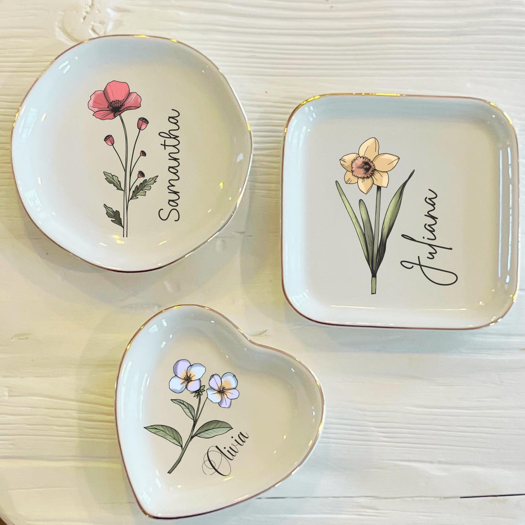 Personalized Boho Birth Flower Ring Trinket Dish