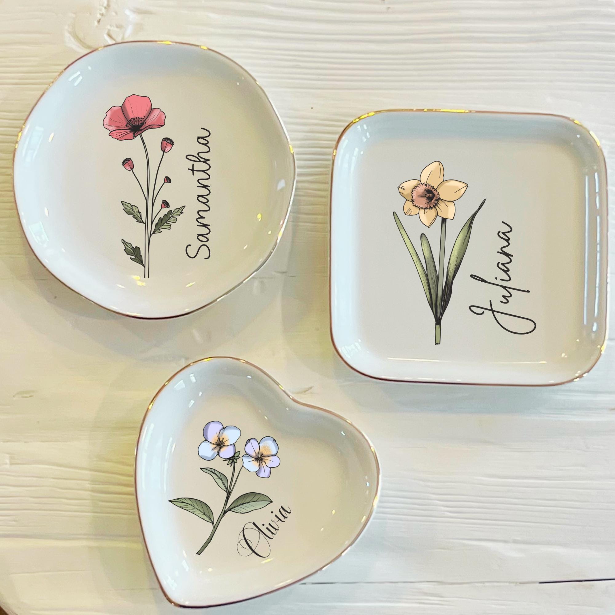 Personalized Boho Birth Flower Ring Trinket Dish
