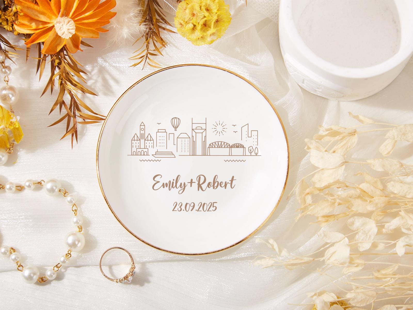 Personalized Skyline Ring Dish,Custom Wedding Jewelry Dish,Engagement Ring Holder,City Trinket Dish,Couple Gift For Her,1st Anniversary Gift