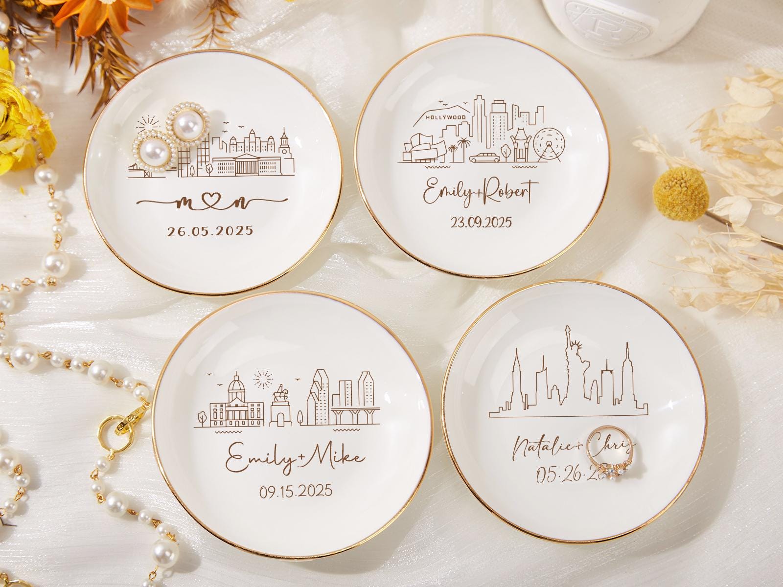 Personalized Skyline Ring Dish,Custom Wedding Jewelry Dish,Engagement Ring Holder,City Trinket Dish,Couple Gift For Her,1st Anniversary Gift