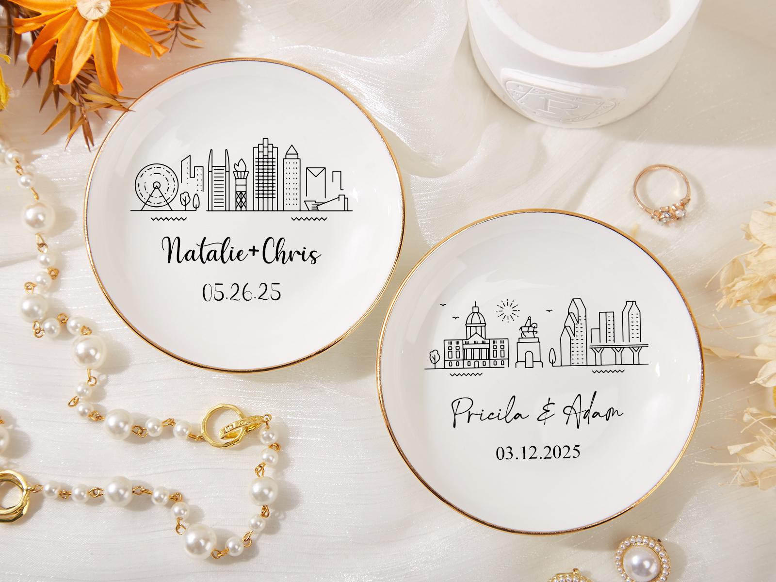 Personalized Skyline Ring Dish,Custom Wedding Jewelry Dish,Engagement Ring Holder,City Trinket Dish,Couple Gift For Her,1st Anniversary Gift