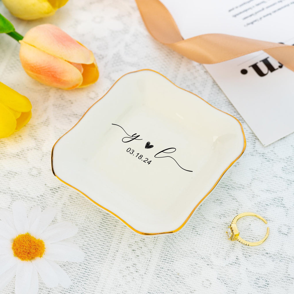 Personalized Wedding Jewelry Dish,Initial and Date Ring Holder,Engagement Trinket Dish,Bridal Shower Gift,Gift for Women,Anniversary Gift