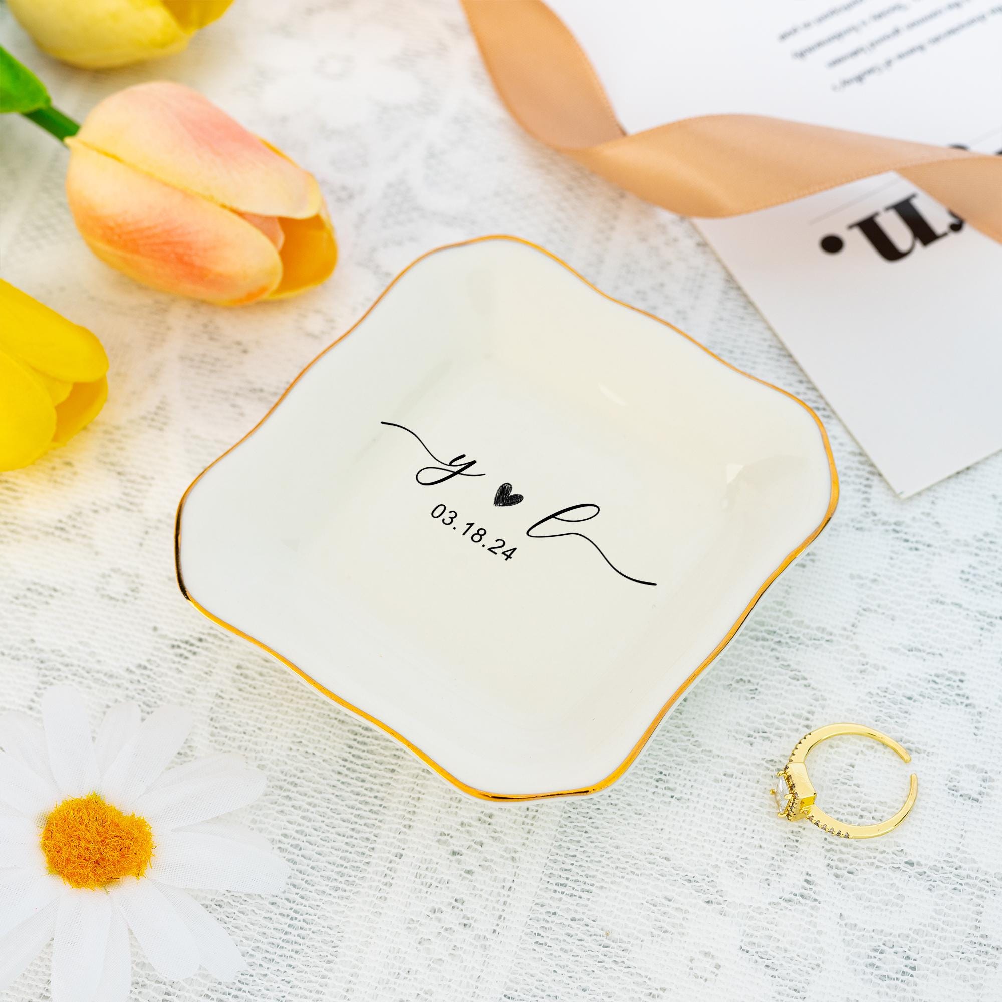 Personalized Wedding Jewelry Dish,Initial and Date Ring Holder,Engagement Trinket Dish,Bridal Shower Gift,Gift for Women,Anniversary Gift