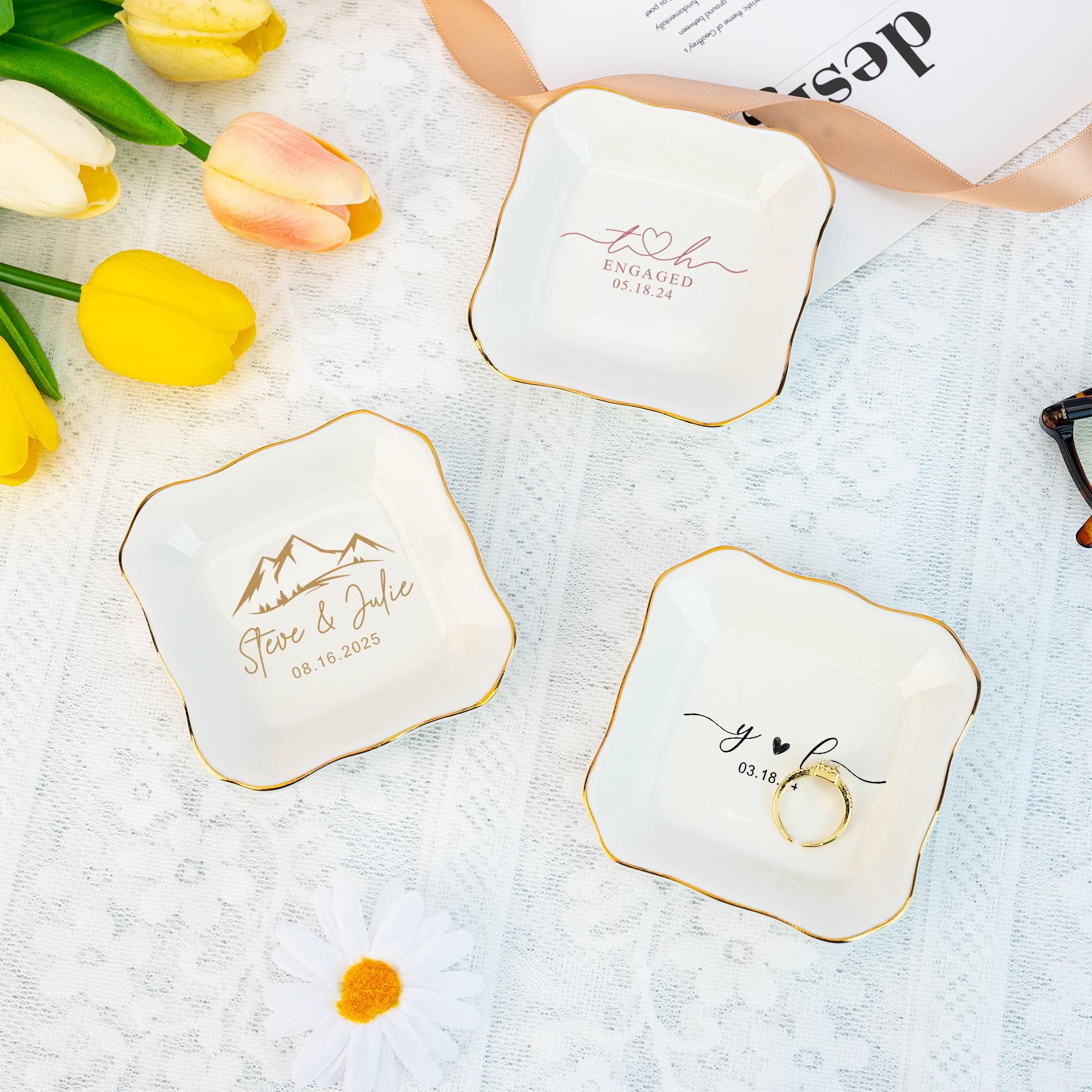 Personalized Wedding Jewelry Dish,Initial and Date Ring Holder,Engagement Trinket Dish,Bridal Shower Gift,Gift for Women,Anniversary Gift