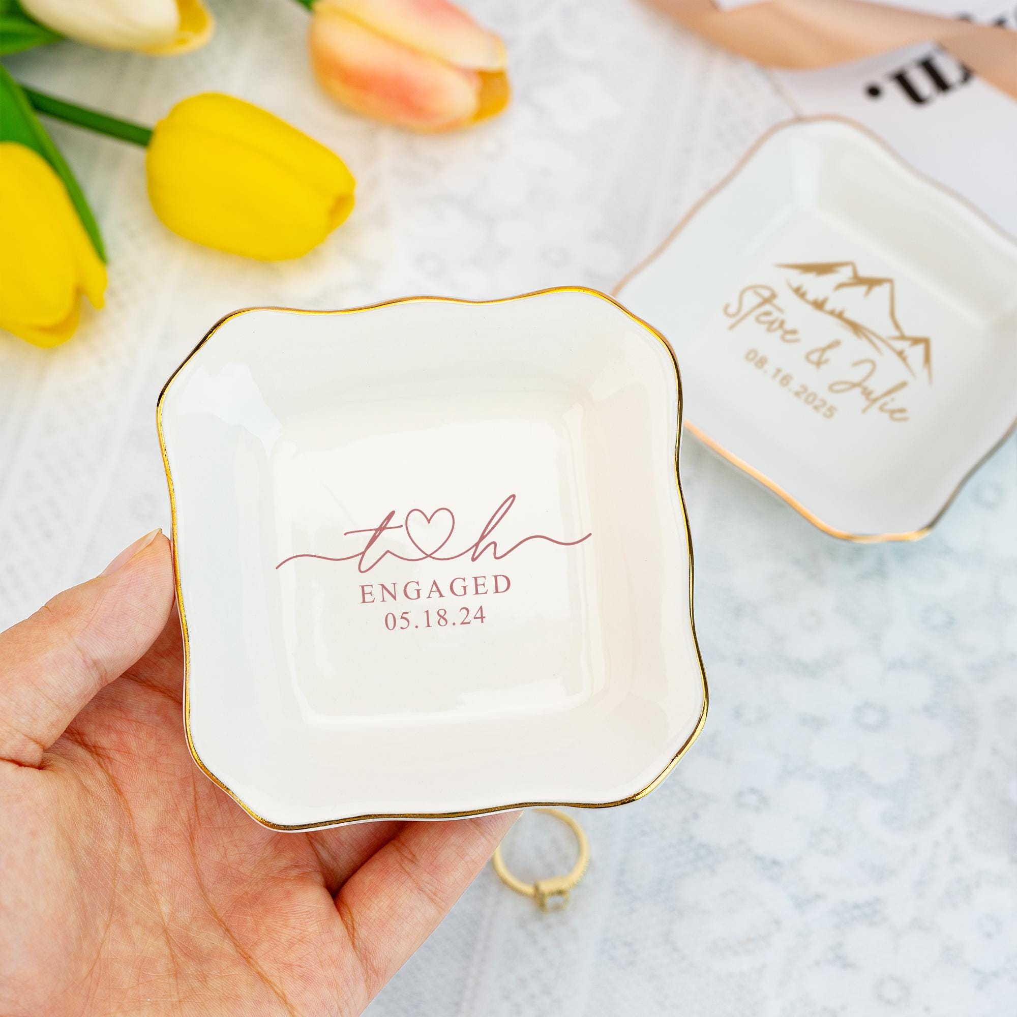 Personalized Wedding Jewelry Dish,Initial and Date Ring Holder,Engagement Trinket Dish,Bridal Shower Gift,Gift for Women,Anniversary Gift