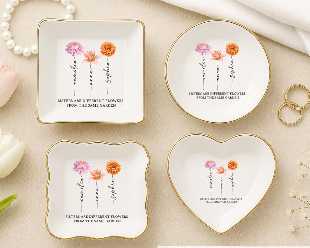 Personalized Sister Birth Flower Jewelry Dish