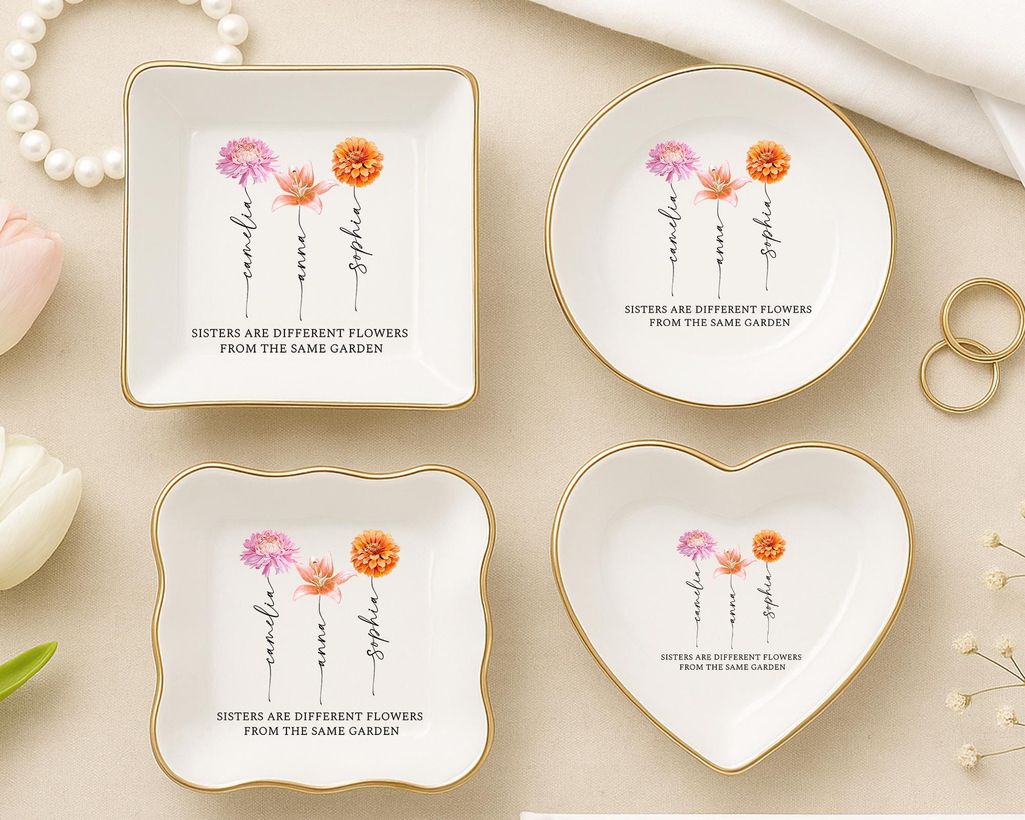 Personalized Sister Birth Flower Jewelry Dish