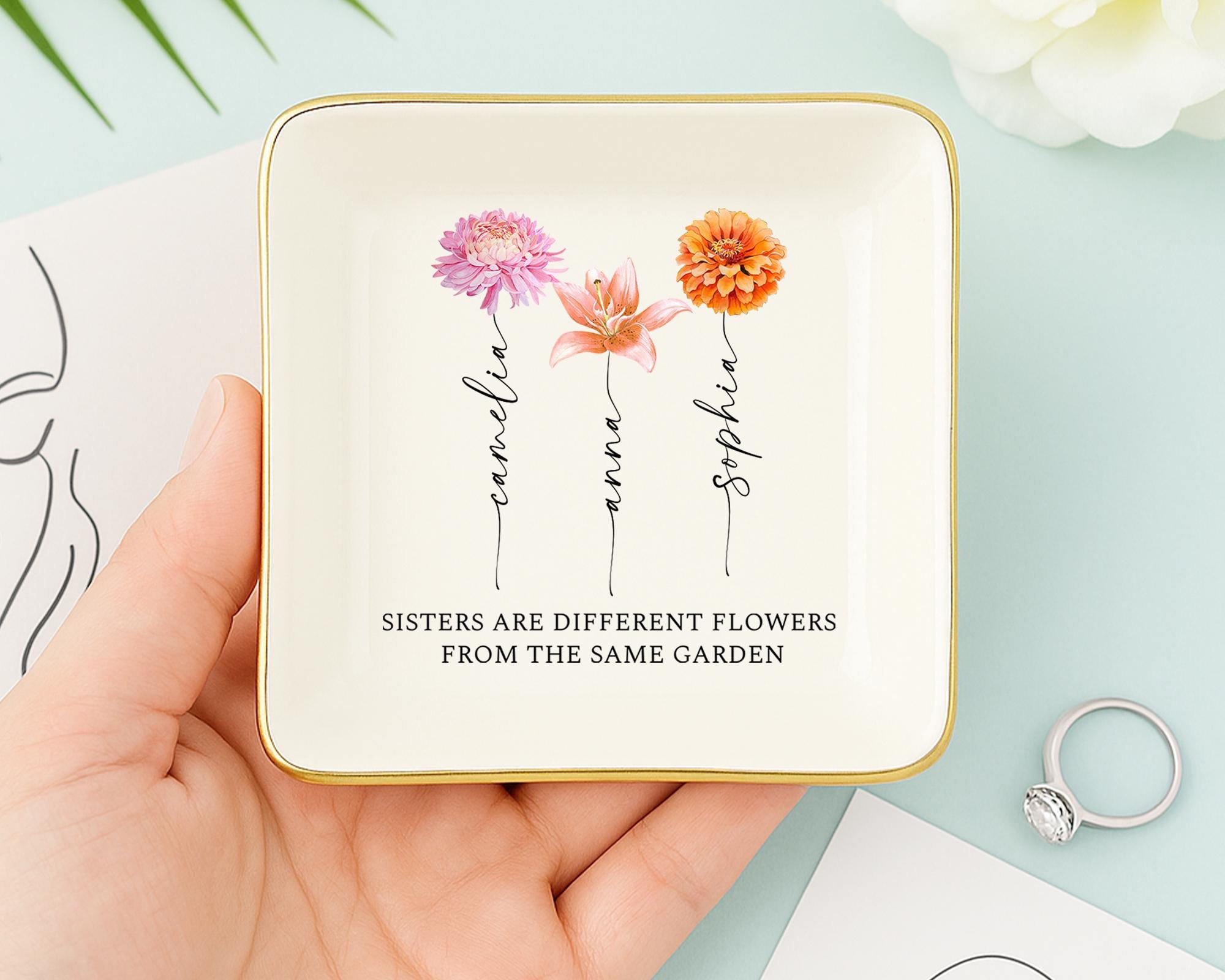 Personalized Sister Birth Flower Jewelry Dish