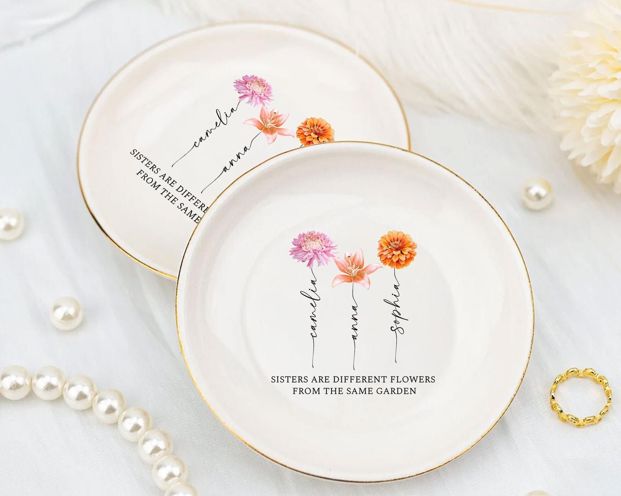 Personalized Sister Birth Flower Jewelry Dish