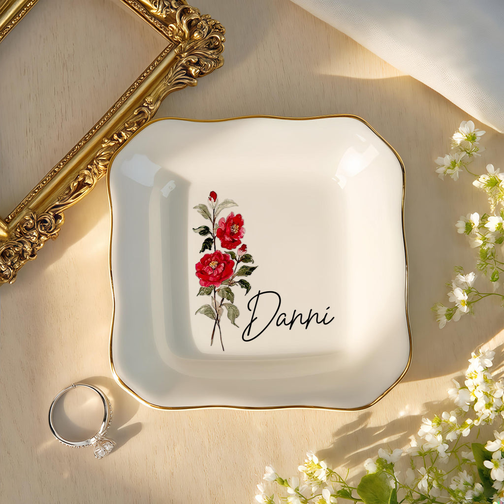 Personalised Birth Flower Trinket Dish, Custom Watercolor Flower Ring Dish, Birthday Jewelry Dish, Wedding Bridesmaid Gift, Christmas Gifts
