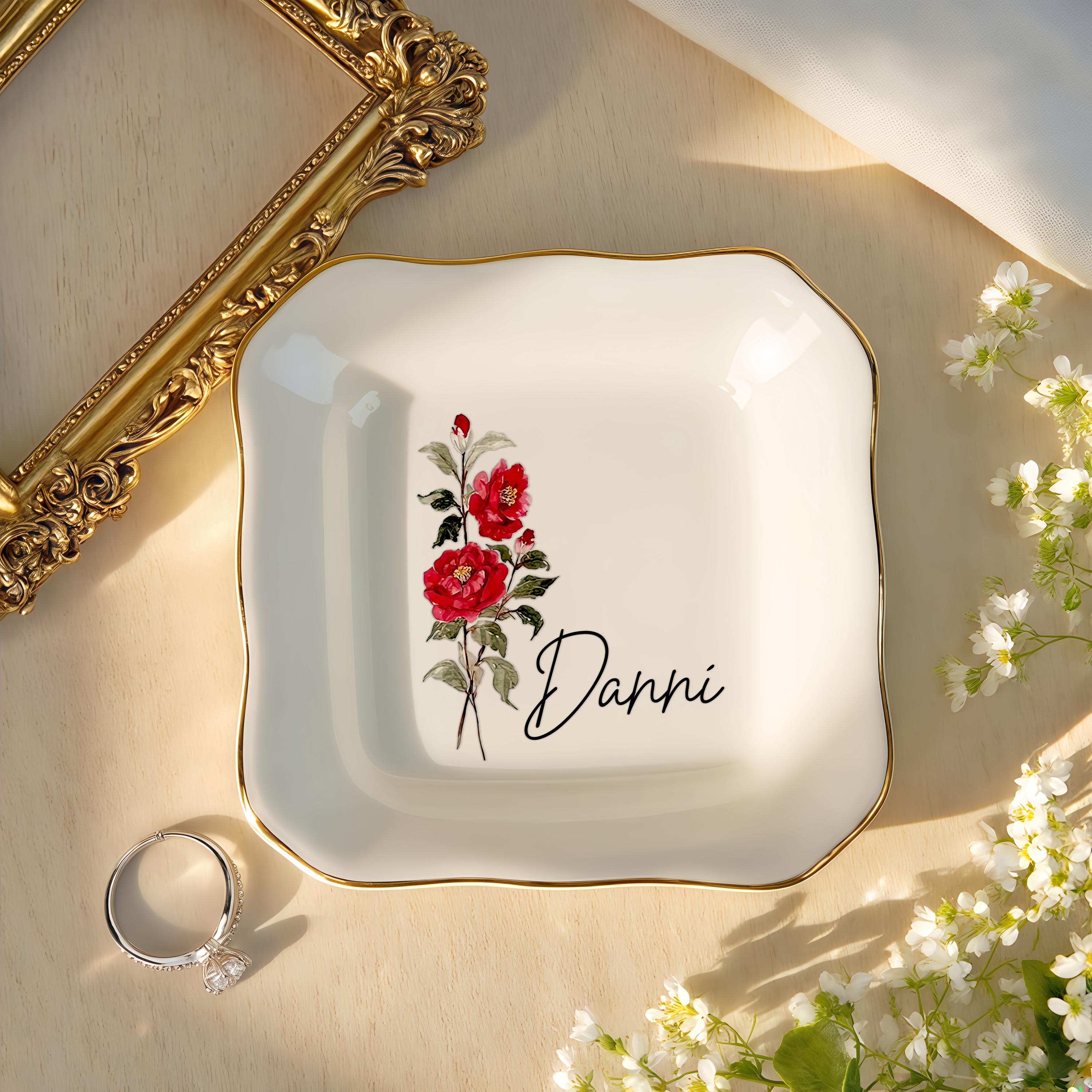 Personalised Birth Flower Trinket Dish, Custom Watercolor Flower Ring Dish, Birthday Jewelry Dish, Wedding Bridesmaid Gift, Christmas Gifts