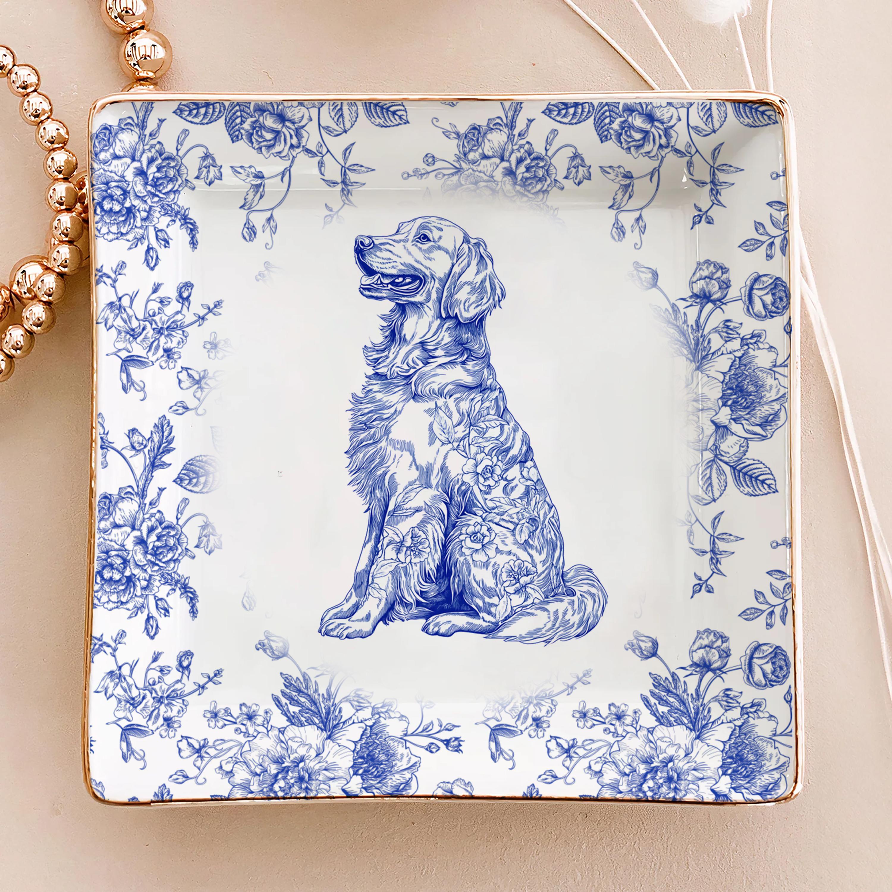 Custom Dog Cat Breed Jewelry Dish, Toile De Jouy Pet Ring Dish, Personalized Dog Cat Mom Gift, Pet Lover Trinket Dish, Pet Gift